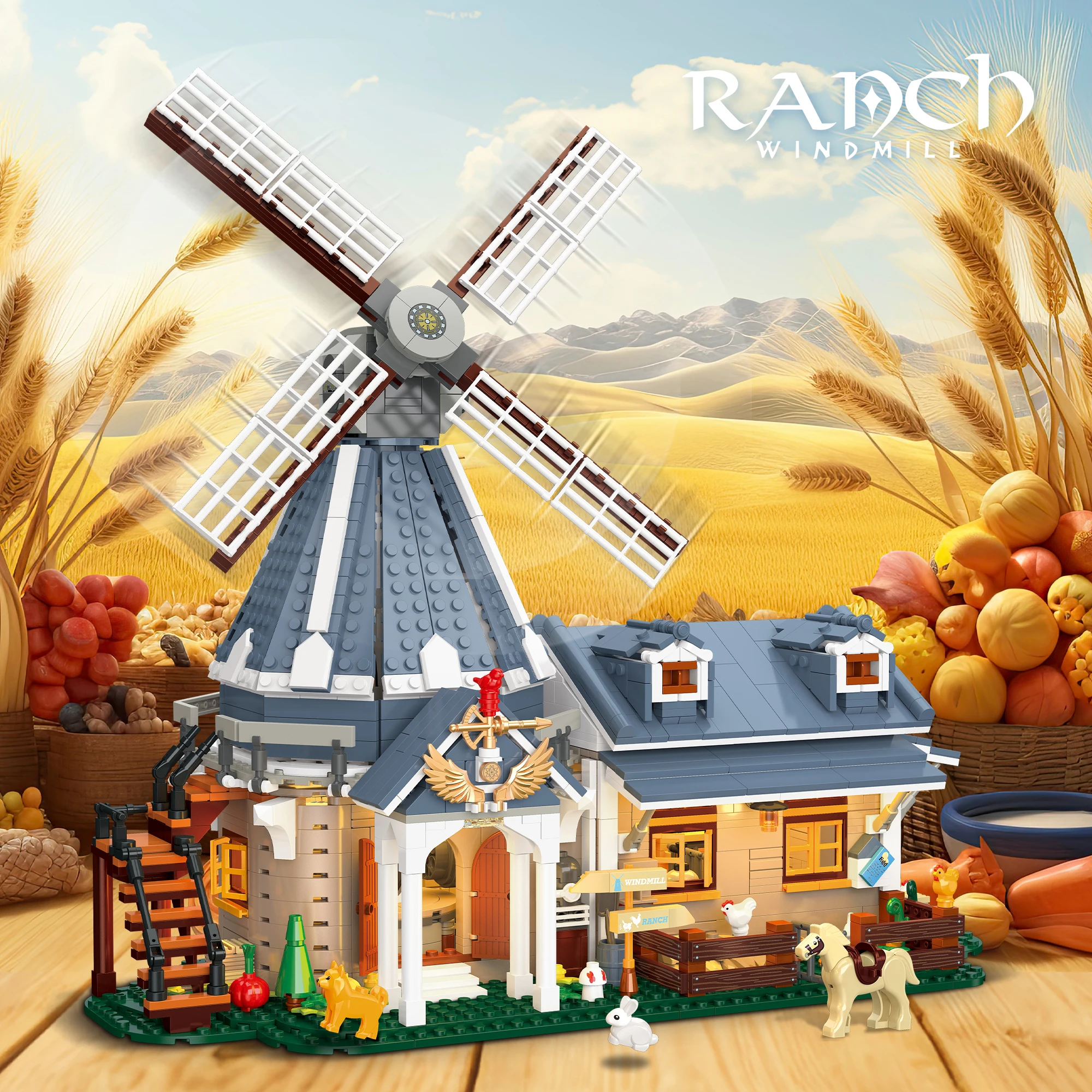 

59166 Windmill Ranch Building Blocks MOC European Farm House Model Rotating Mill Mechanism Animal Figures Gift for Adults Kids