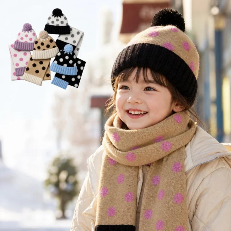 2026 Winter Kids Knitted Hat Scarf 2Pcs Sets Pom‑pom Dot Print Ear Protection Hat Casual Warm Children Neck Warmer