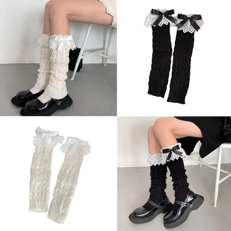 Twist Knitted Leg Warmers Japanese Women Calf-Length Long Socks Bowknot Ruffled Lace Boot Cuffs Foot Covers