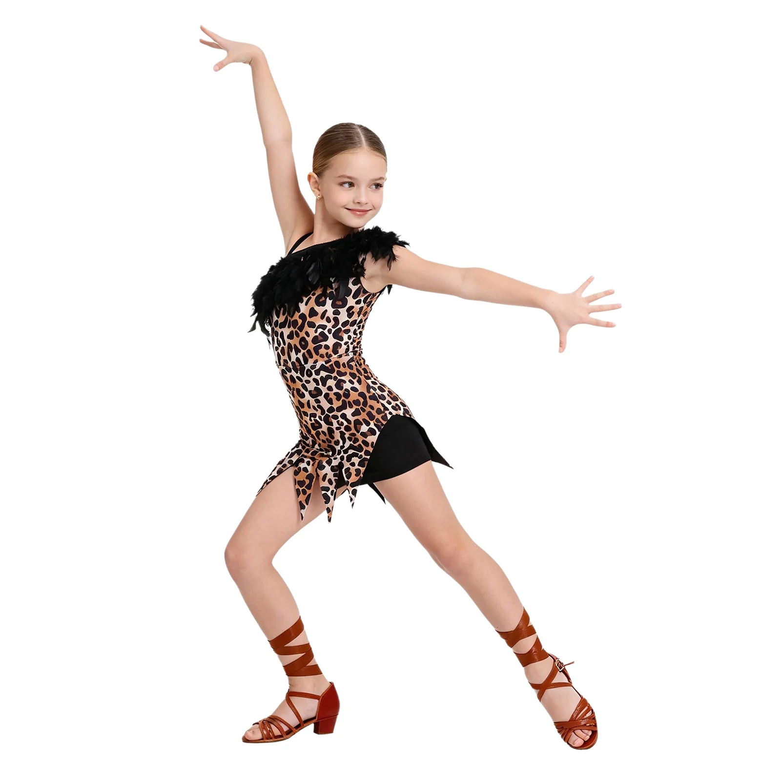 Kids Girls Caveman Primitive Tribal Indian Indigenous Princess Costume Faux Feather Leopard Printed Latin Jazz Dance Leotard view 2