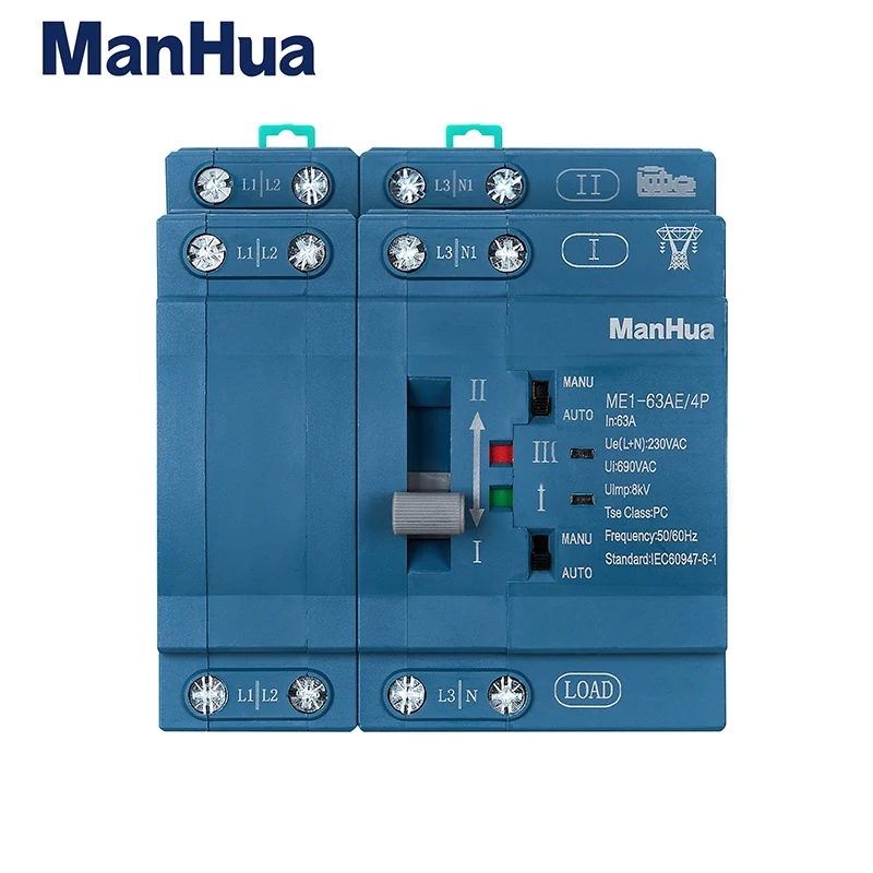 

ManHua ME1-63AE/4P 63A 230VAC Dual Power Automatic Transfer Switch PC Type Switch DIN-Rail Mounting Blue Housing