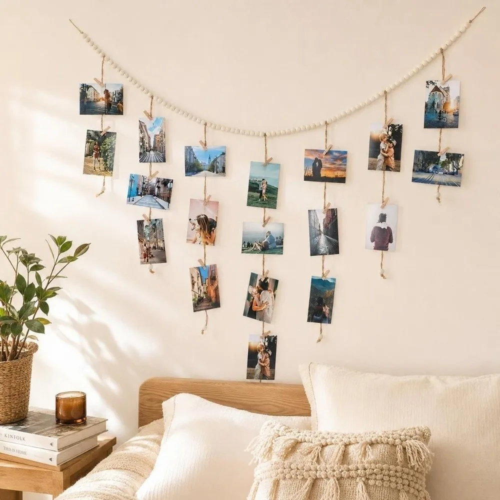 Nordic Style Hanging Photo Display DIY Minimalist Picture Hanging String Wooden Bead Garland Decorative Wall Art Decor Bedroom