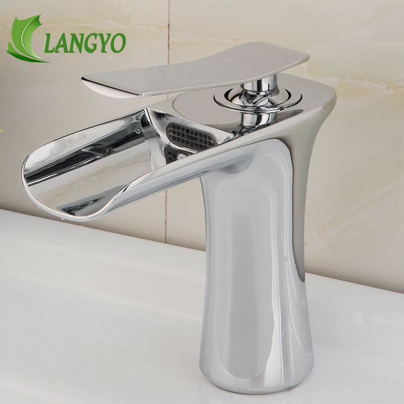 

LANGYO Chrome Vanity Basin Faucet Single Handle Hole Deck Mounted Taps Waterfall Spout Bathroom Faucets Brass Silver