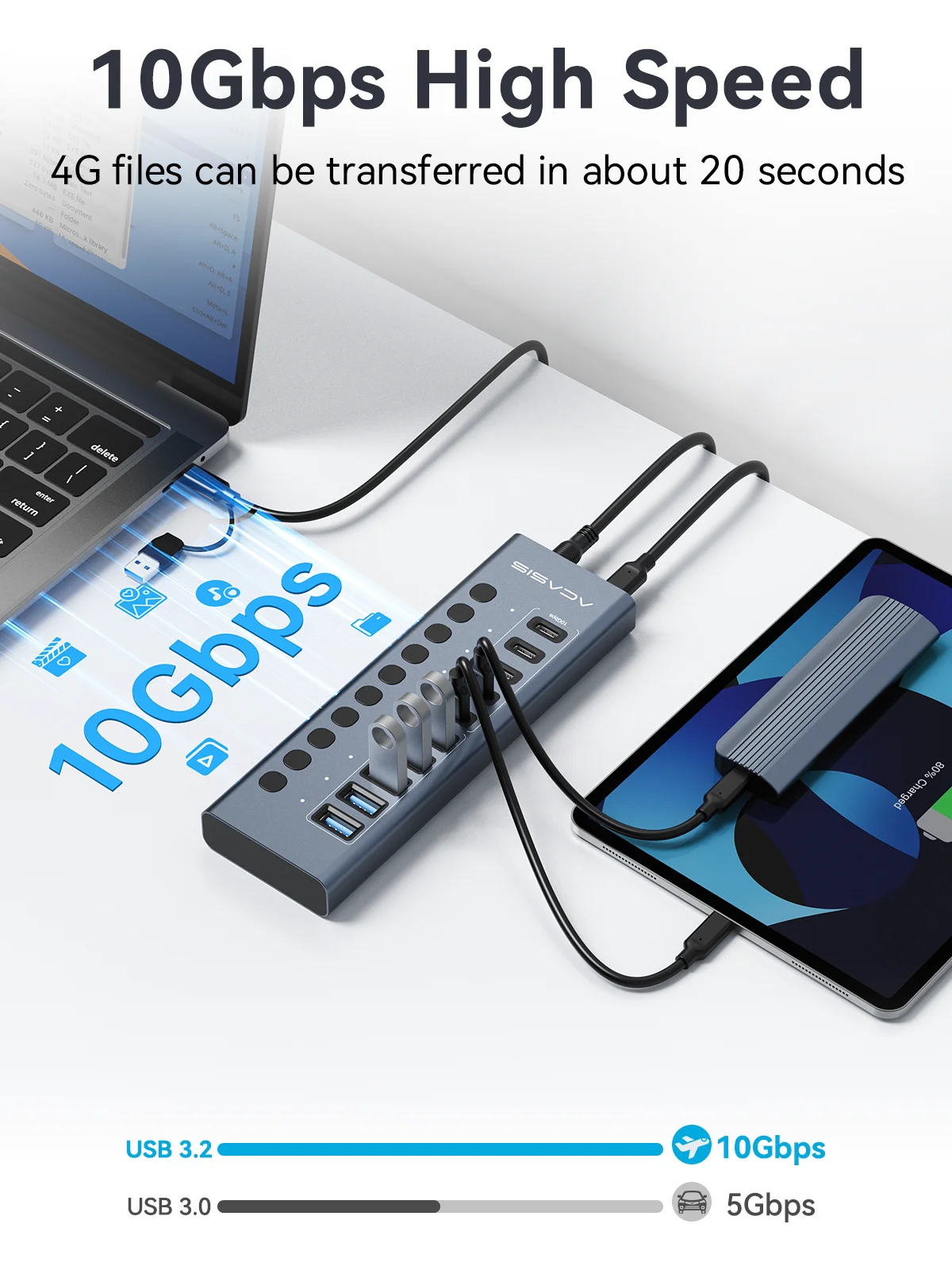ACASIS 10Gbps 10/16 Portowy Hub USB 3.2 z Zasilaniem, Aluminiowy Rozszerzacz USB 3.2 Type-C Gen2 z Indywidualnymi Przełącznikami Włącz/Wyłącz — zdjęcie produktu 2