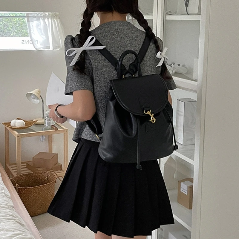 Korean Women PU Leather School Bag Student Girls Large Capacity Drawstring Laptop Backpack Youth Travel Casual Rucksack Bookbag