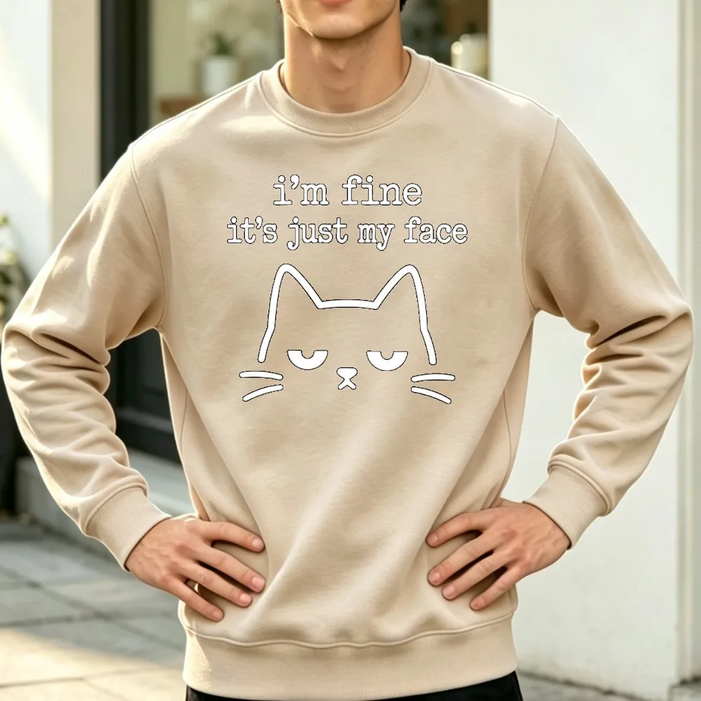 I'm Fine It's Just My Face Funny Introvert Cat Crewneck Sweatshirt Sarcastic Mood Attitude Graphic Oversized Relaxed Fit Top