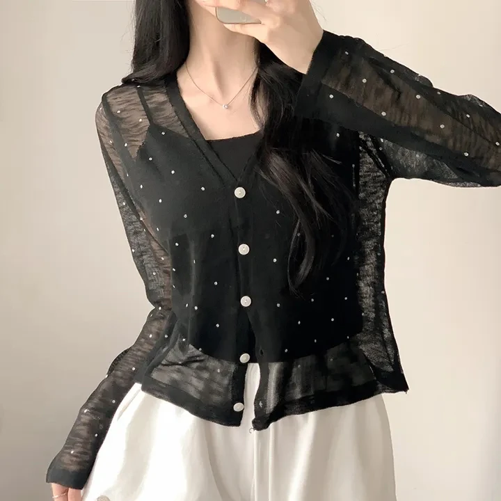 

Женский свободный вязаный свитер, лето 2021, корейский Sle V-Ne, защита от солнца, тонкий верхняя одежда с запахом в горошек, топ