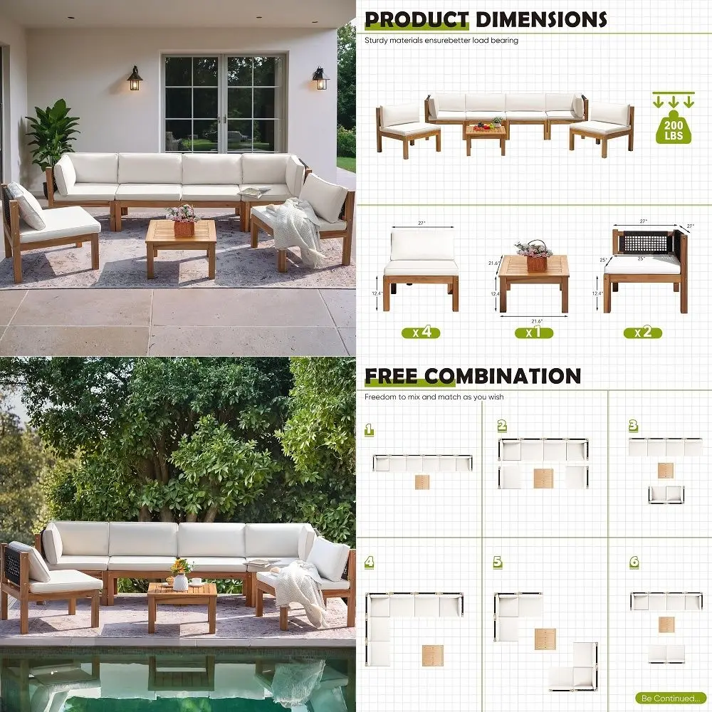 

7 Pieces Small Patio Sofa, Acacia Wood Frame, Padded Patio Conversation and Chairs Set for Garden, Backyard, Poolside, Beige
