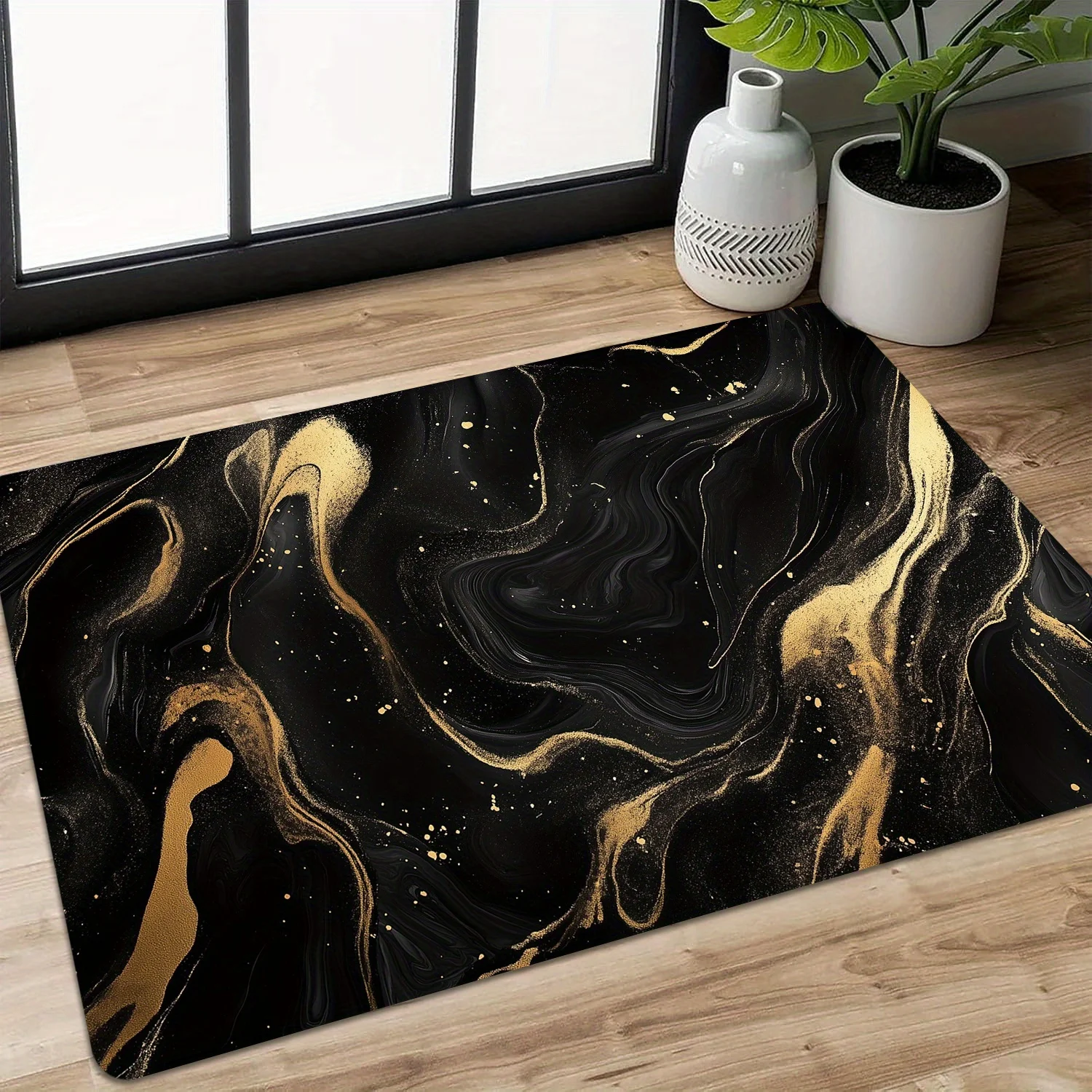 VIKAMA Luxury Marble Floor Mat Black Gold Ink Swirl Abstract Fluid Pattern Anti‑Slip Washable Doormat Entryway Porch Home Decor