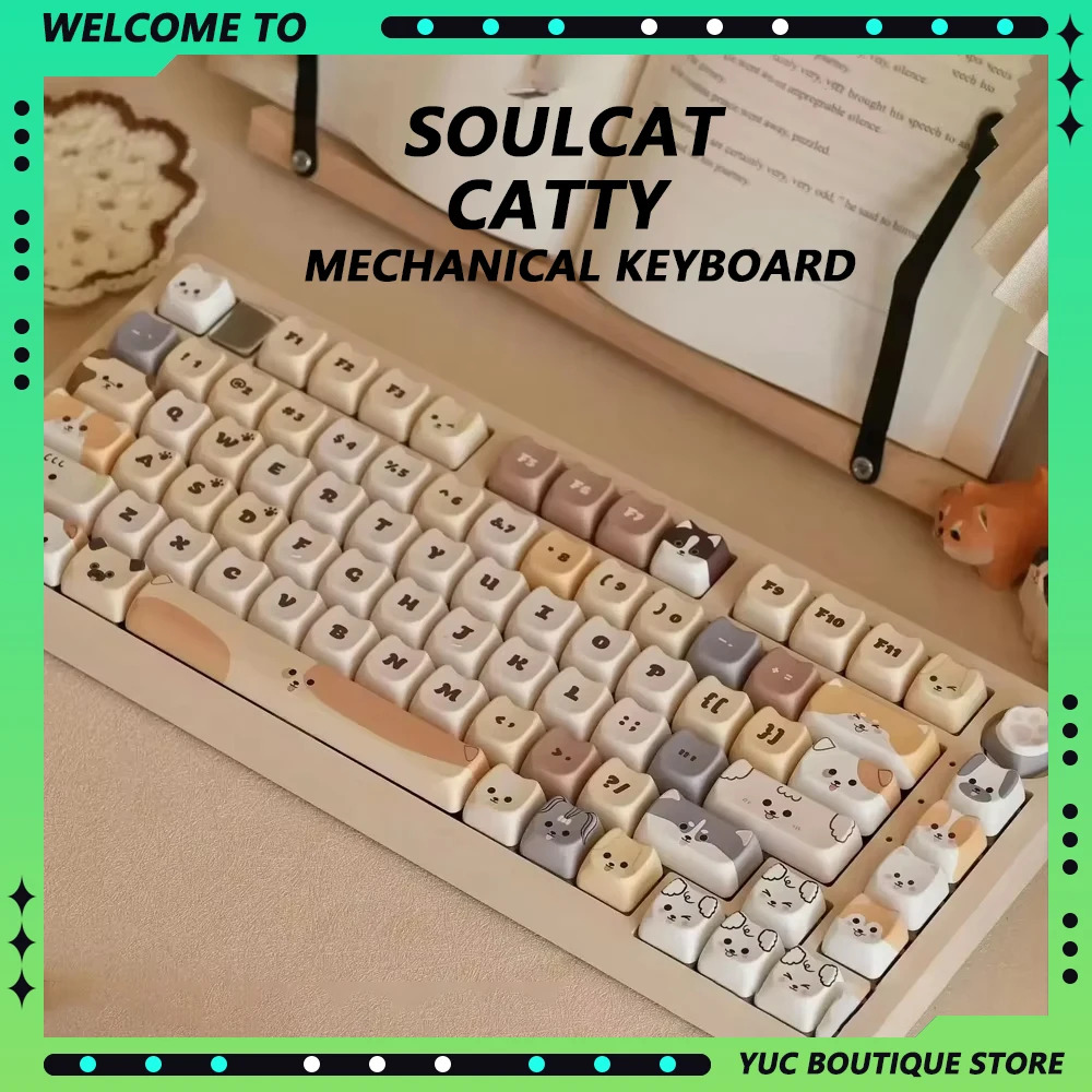 Soulcat Christmas Gift PC Catty Profile Mechanical Keyboard PBT Thermal Sublimation Keycap Head Game Keyboard for Girls and Boys