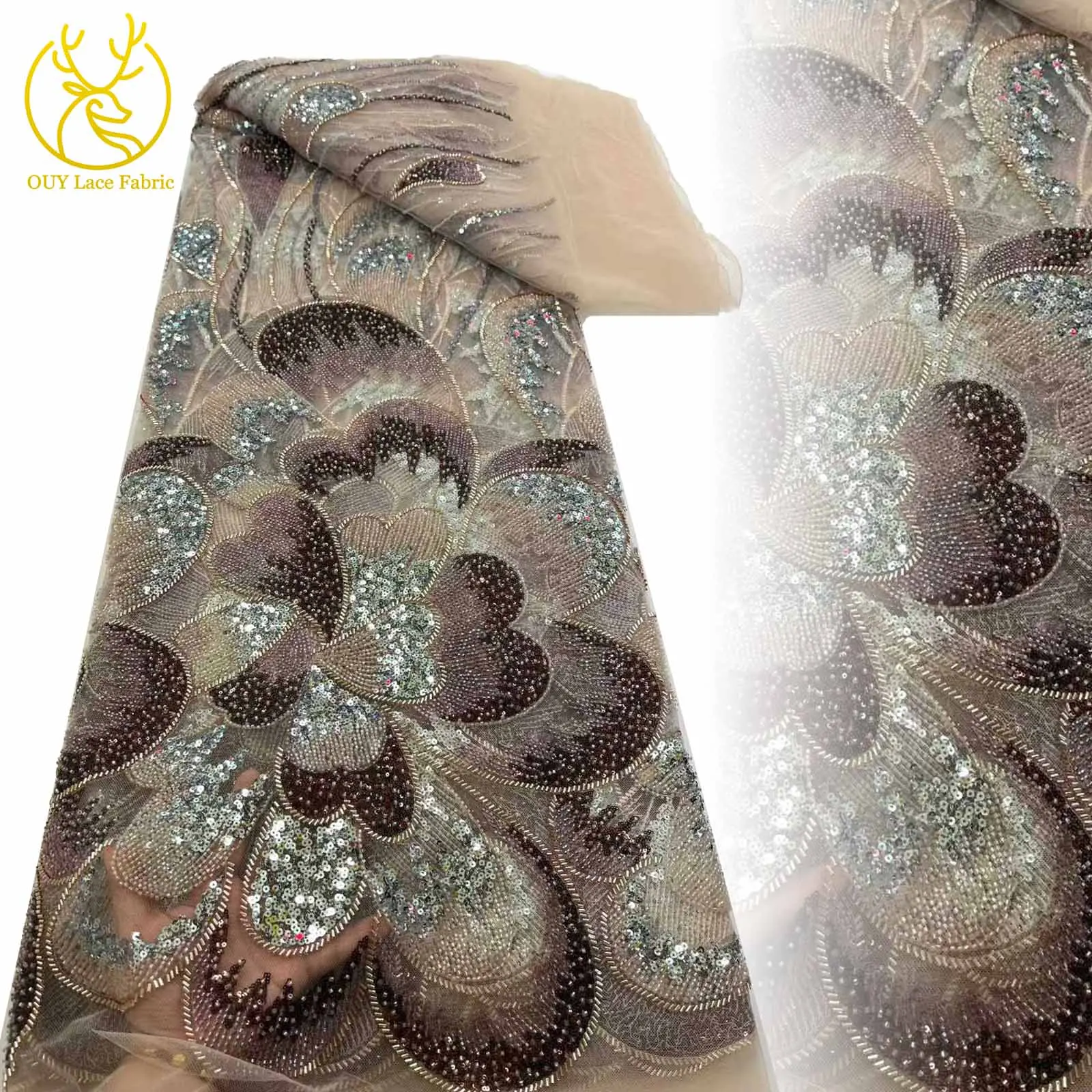 Kain Brokat Afrika 2025 untuk Pengantin Pria, 5 yard, Bordir Payet Prancis, Kain Tulle untuk Pernikahan, Bahan Jahit Pernikahan