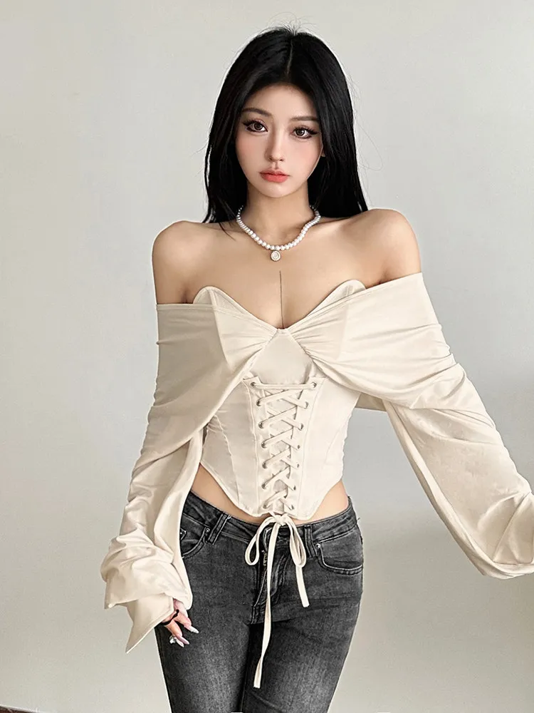 Women's Apricot Off Shoulder Long Sleeve T-shirt Irregular Cropped Tee Top Sexy Vintage Y2K Gyaru Lace-up Corseted T Shirt 2026