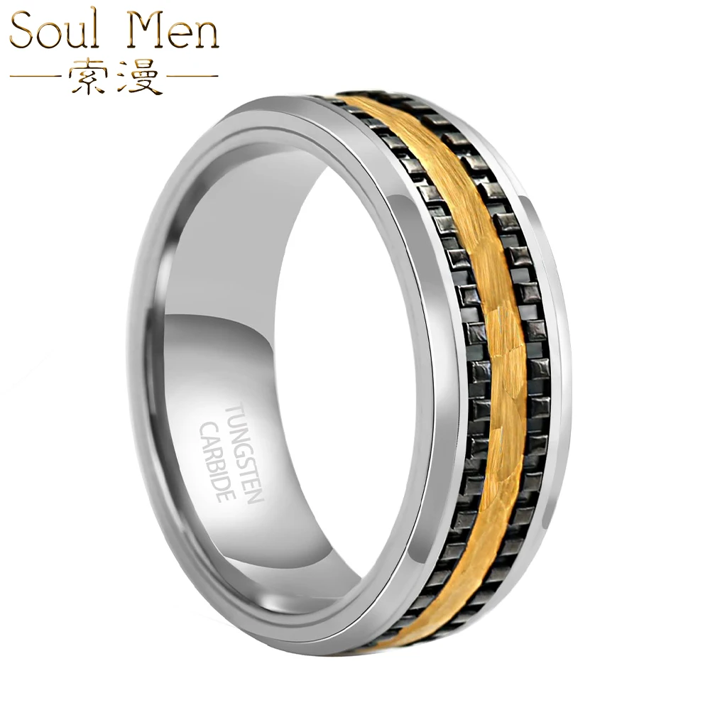 8mm Hammered Tungsten Carbide Mens Wedding Band Rings Durable Unique Design Gear Engraving Engagement Step Edges Comfort Fit