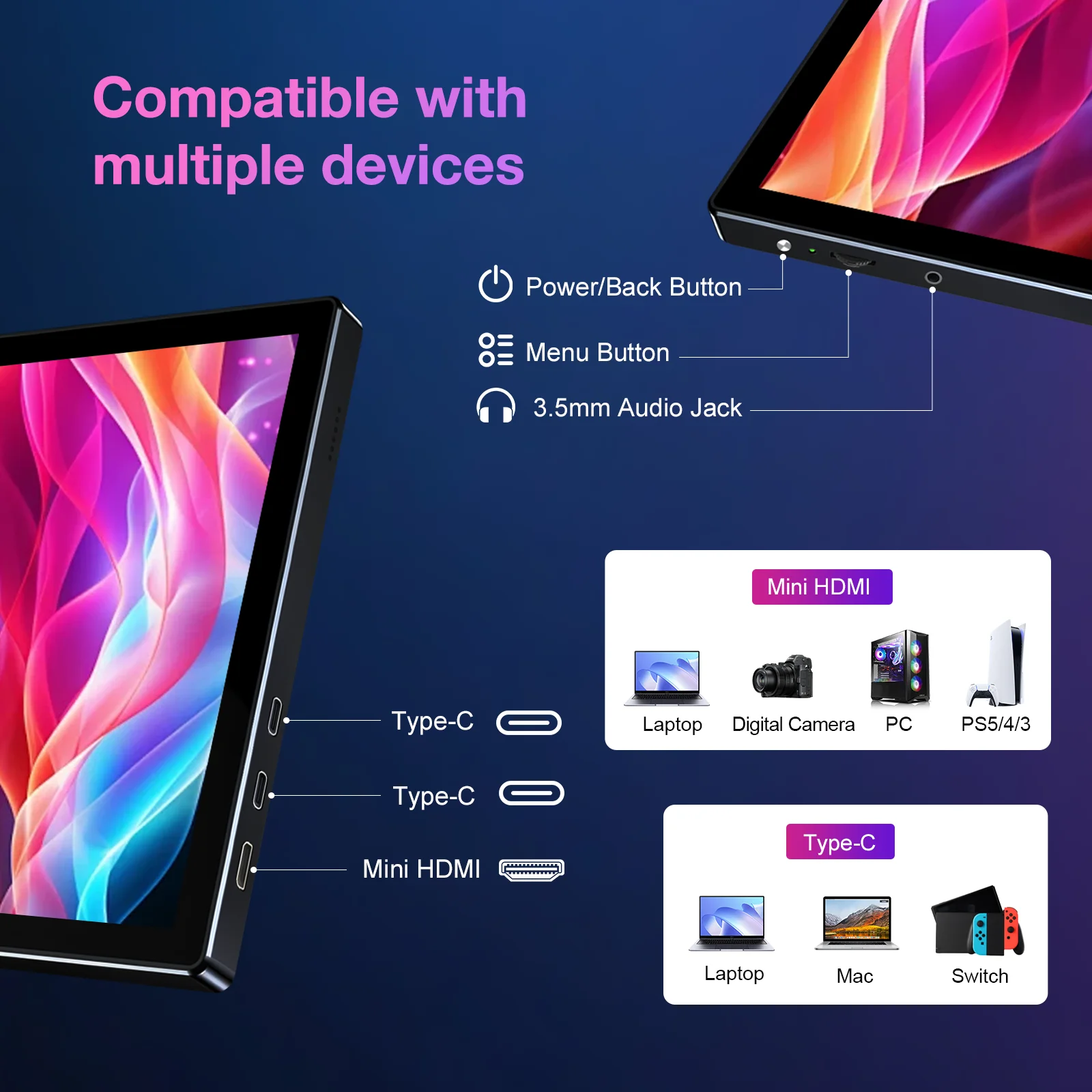 Unew 11인치 휴대용 터치 모니터 | 2.5K IPS, WQXGA, 350cd 92% NTSC USB-C/HDMI, VESA 75x75mm 및 스탠드, 휴대…
