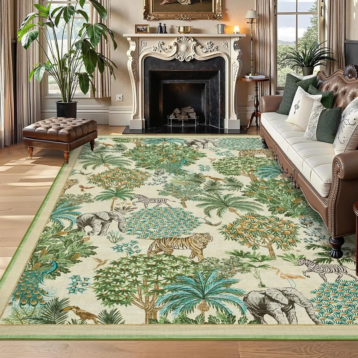 Green Carpets Living Room Nordic Style Jungle Animal Plant Print Bedroom Rug Vintage Machine Washable Non-slip Coffee Table Mats