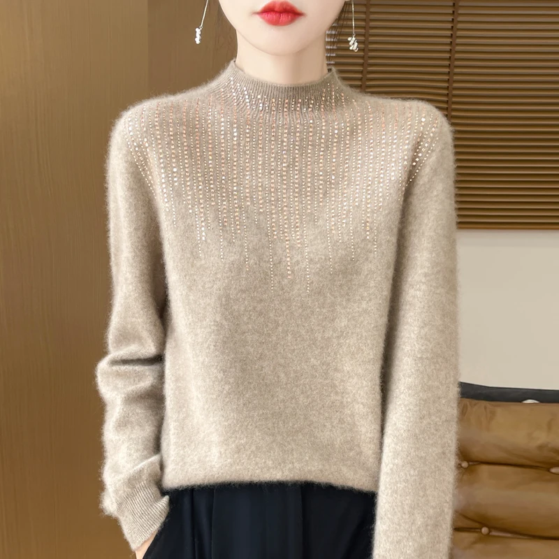 Women's semi-high collar 100% pure wool new autumn and winter new diamond-encrusted sweater Joker loose knit cashmere sweater