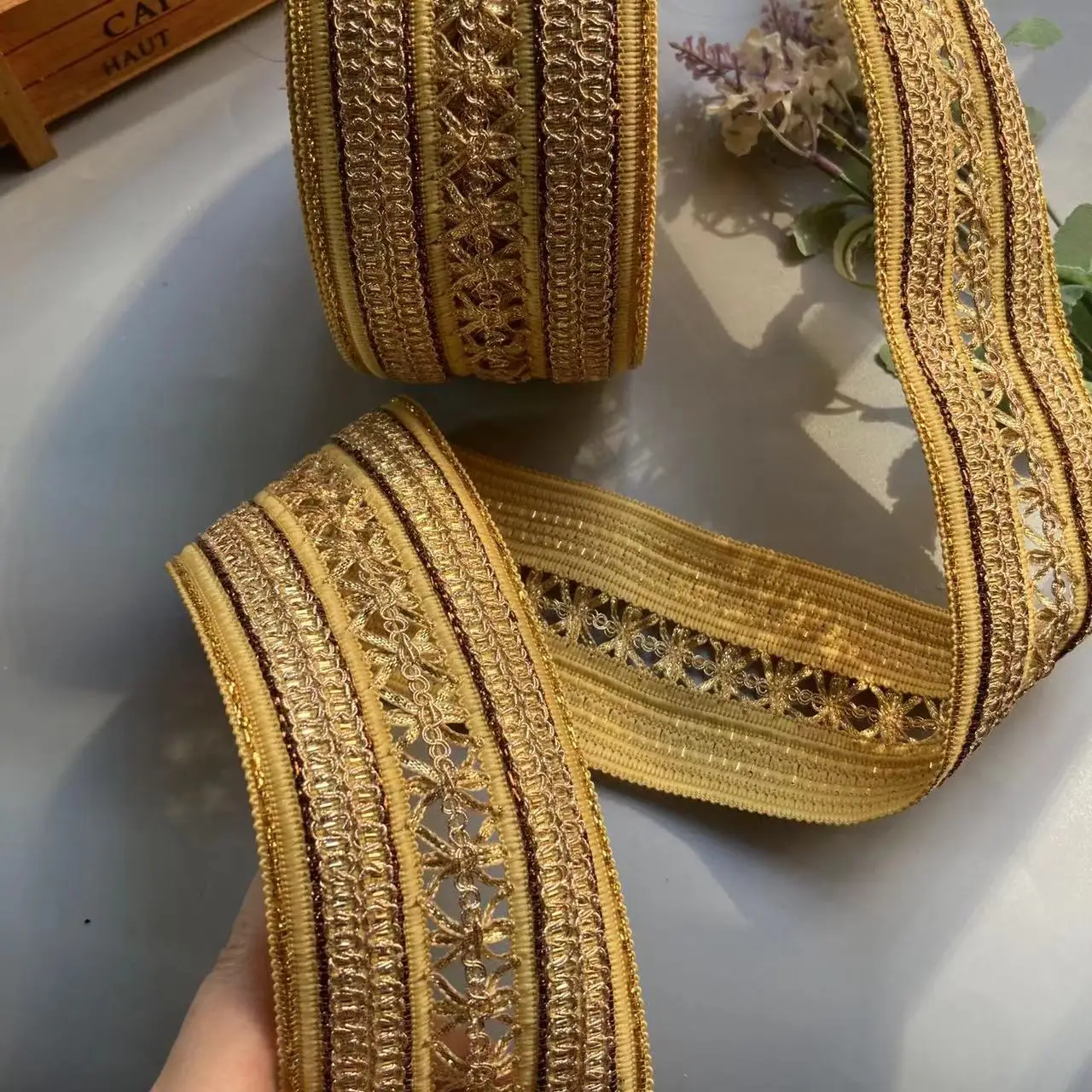 1 Yard Yellow Rice Lace Trim Ribbon Ethnic Clothing Gold Thread Embroidery Sequin Fabric Jacquard Webbing Garment Accessories