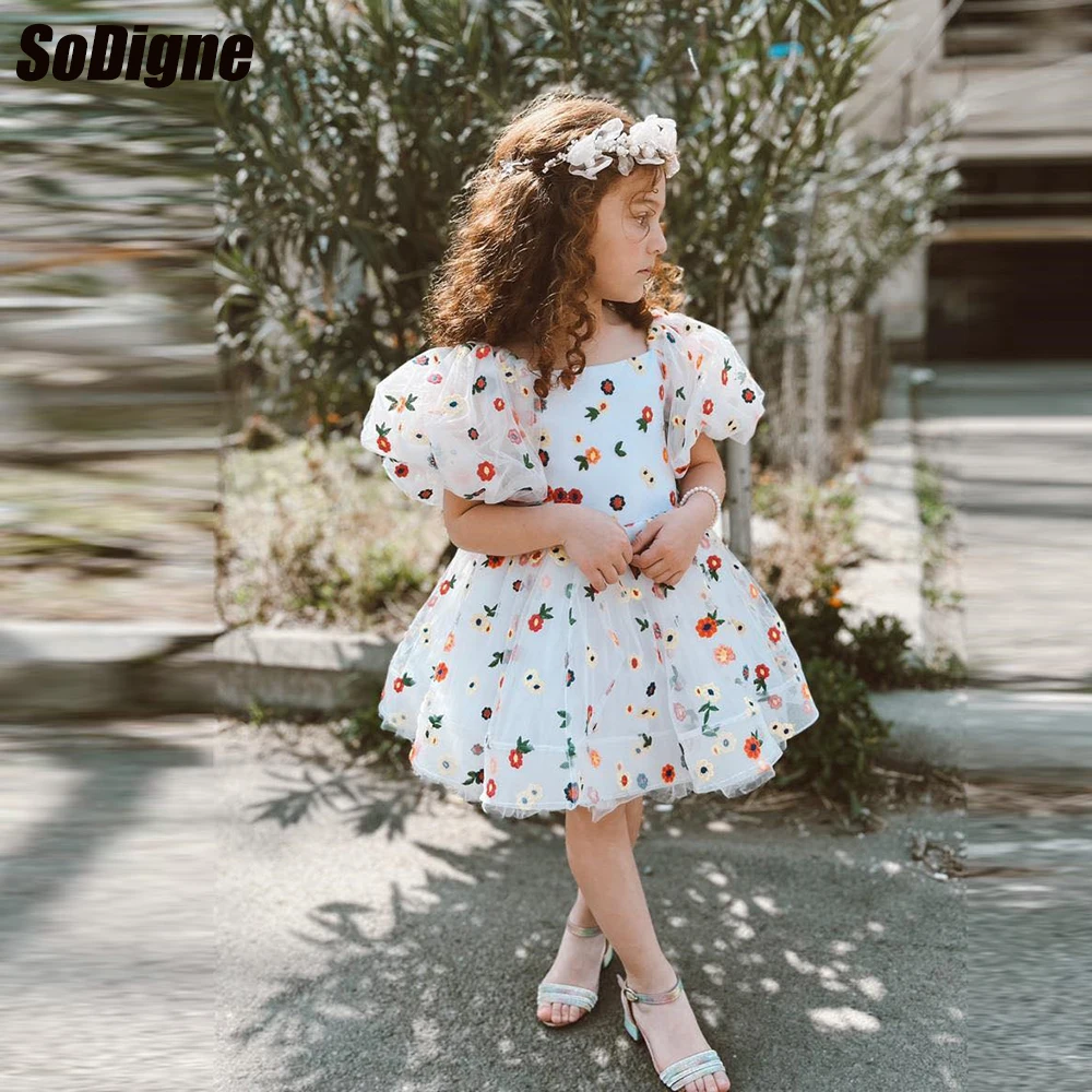 SoDigne A-line Short Tulle Flower Girl Dress Puffy Sleeves Kid Gown Birthday Party Dresses Customized vestidos para niñas