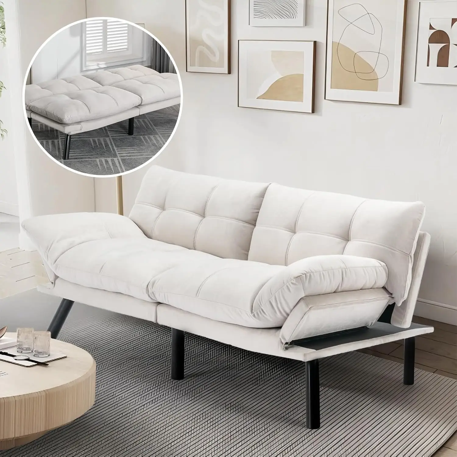 

Convertible Futon Double Sofa Bed,2 in 1 with Adjustable Backrest Memory Foam Loveseat for Living Room Bedroom Office Apartment