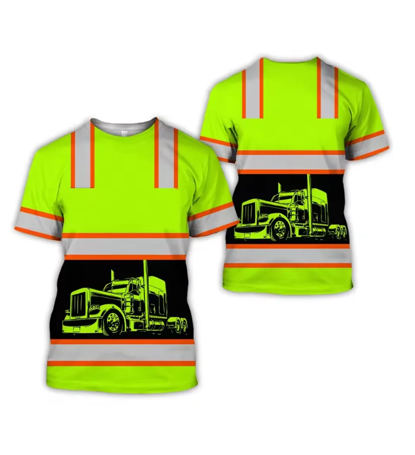 

Summer O-neck workwear, breathable men's T-shirt without reflective strip, 3D printed truck driver style, safe transportation wo