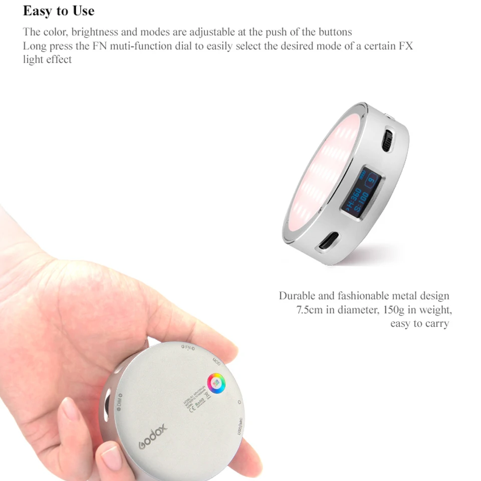Godox R1 Okrągłe Mini Światło RGB z Kreatywnymi Efektami, Wbudowane 14 Efektów Specjalnych, 2500-8500K, Kieszonkowe Światło do Vlogów
