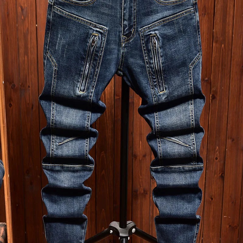 New high-end motorcycle jeans MEN'S slim fit straight leg elastic fashion brand zipper washed blue casual biker denim pants