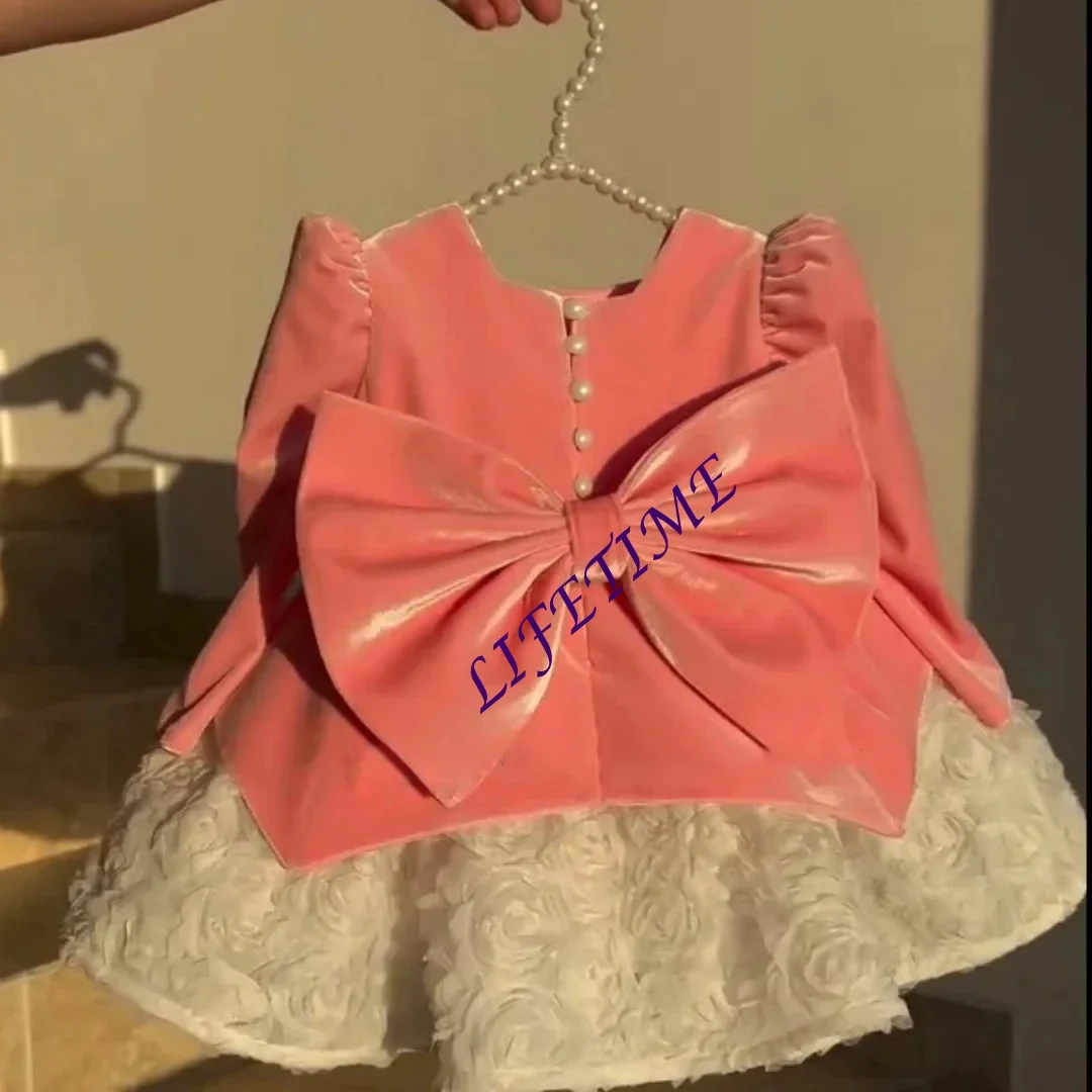 

Розовые платья с цветочным узором для девочек на свадьбу с большим бантом и цветочным принтом длиной до колена, детское платье для первого причастия, дня рождения, праздничное платье Dr