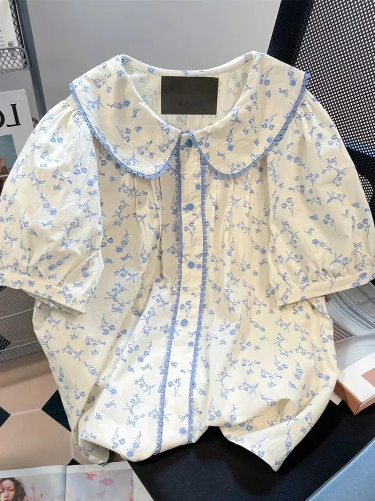 Bloemen Vintage Vrouwen Shirt Casual Losse Korte Mouw Elegante Franse Blouse Zoete Retro Leuke Peter Pan Kraag Tops Zomer