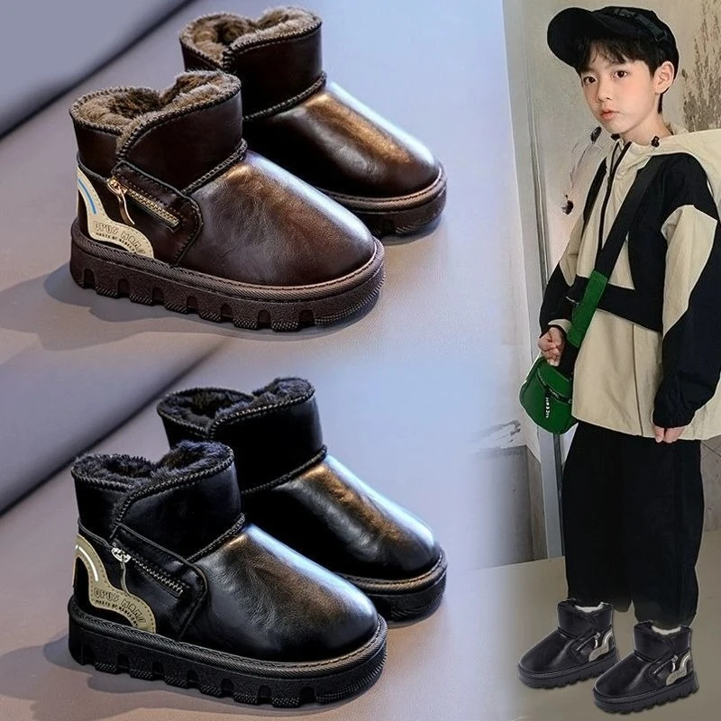 

Boys Snow Boots 2026 New Winter Warm Kids Shoes Thick Fleece Lined Leather Anti Slip Big Kids Puffy Boots for Heavy Snow