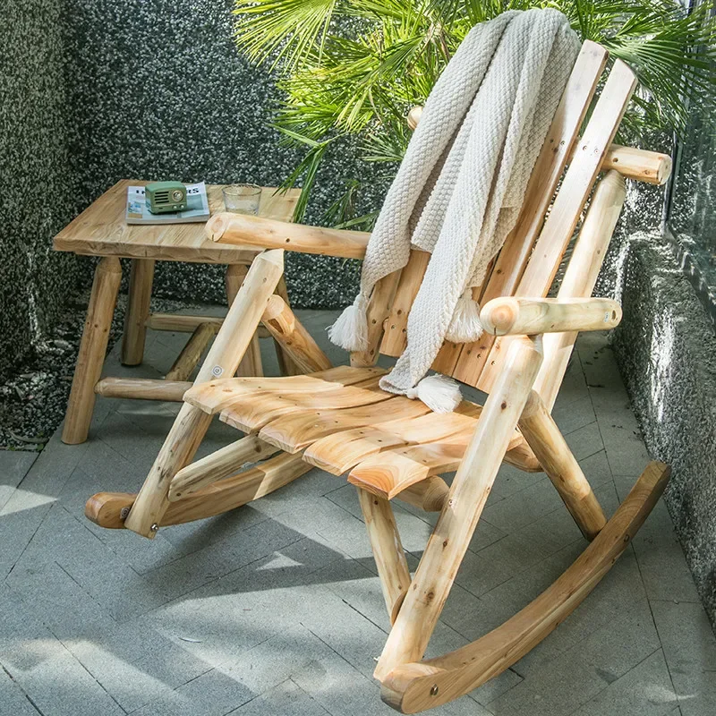 Outdoor Patio Adirondack Wood Bench Chair Rocking Chair Contemporary Solid Wood Log Deck Garden Furniture Single Rocker Chair