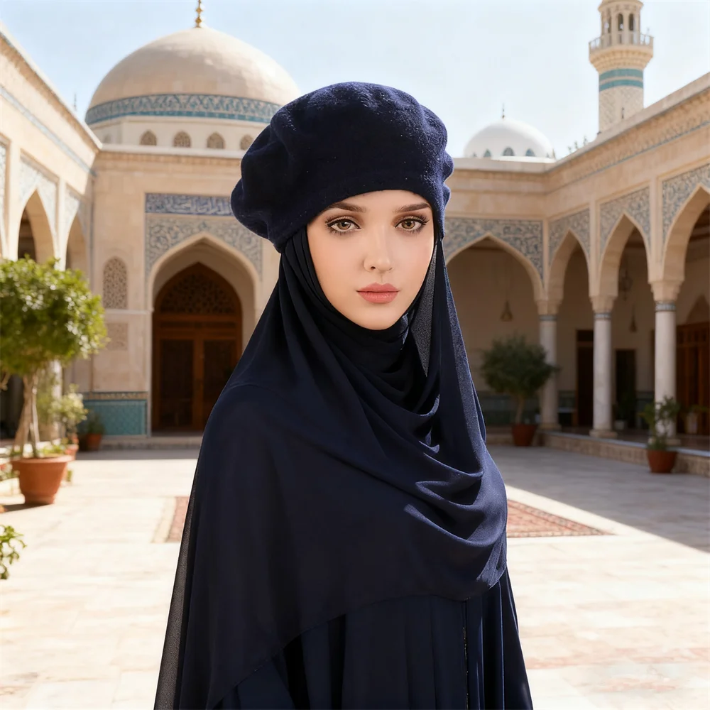 Plain Berets Hat Cap Bubble Chiffon Instant Hijab Muslim Headscarf Shawl Turban for Women Ready To Wear Islam Head Wrap Bonnet