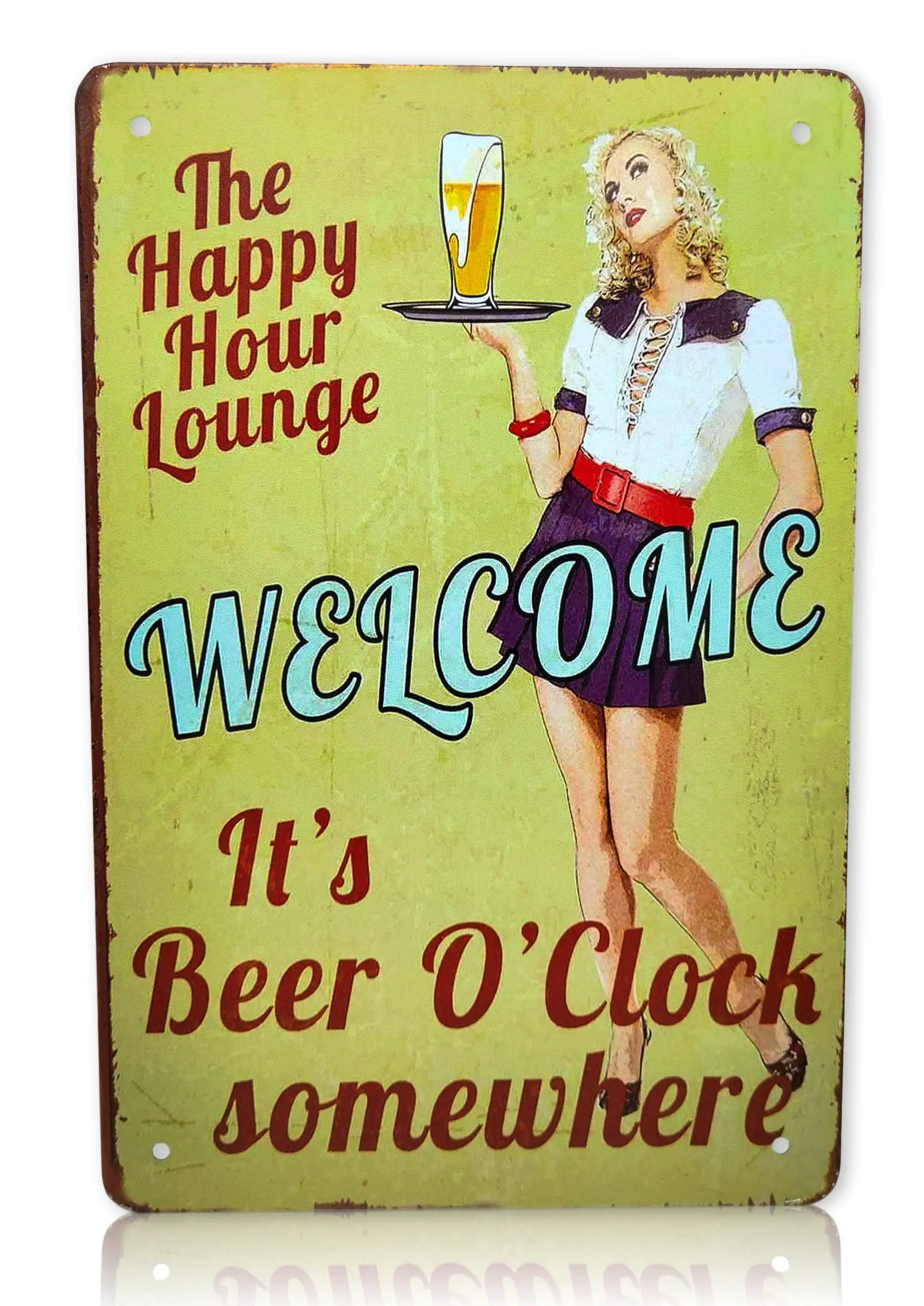 Welcome The Happy Hour Lounge Home Bar Decor Bar Sign - Beer O Clock Somewhere Retro 8x12 Inches Metal Beer Vintage Signs