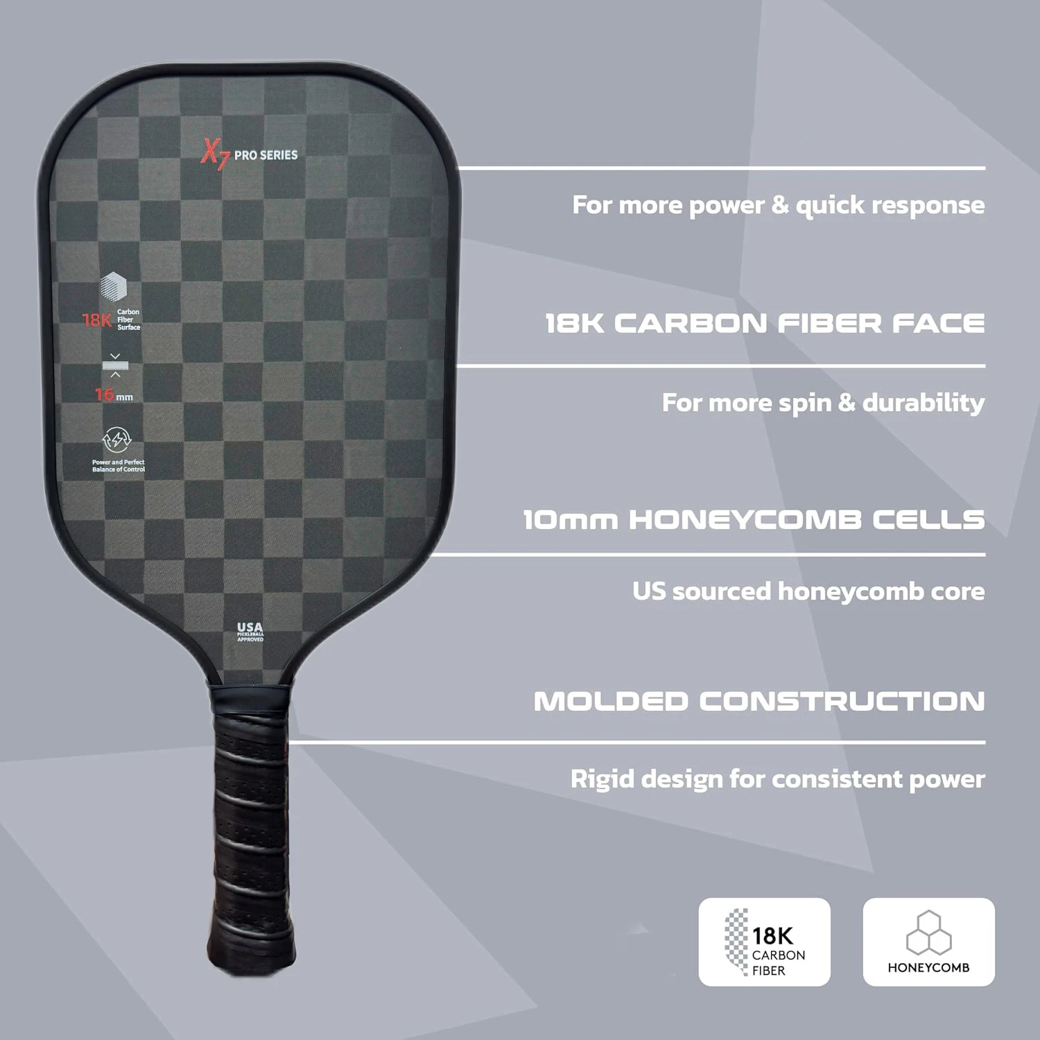 16MM 18K Carbon Fiber Pickleball Paddle – Honeycomb Core Training Racket for Beginners & Professionals | Lightweight & Durable