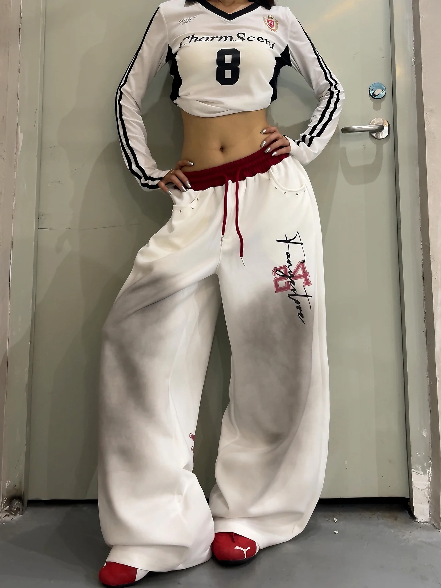 Retro American Color Block Waist Head Tie Dye Ode to Sporty Wide Leg Pants Sweatpants Casual Drapey Long Trousers Trendy