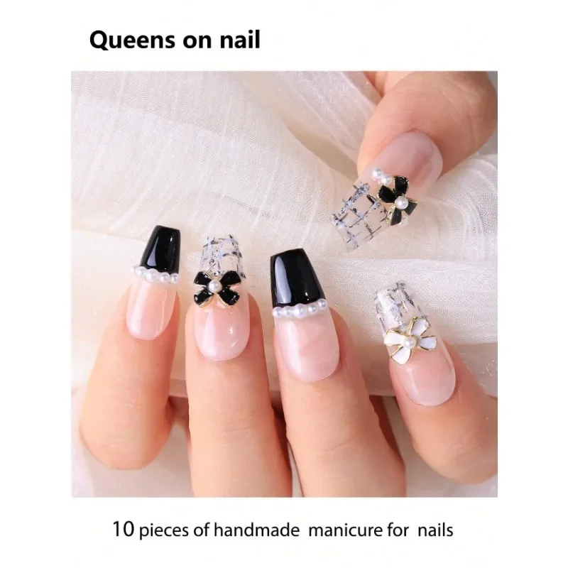 

10 Pieces Handmade press on Nails Ballet Style Fake Nails/Color Block/Hand-Painted Stripes/Bow Decoration/Shiny Pearls