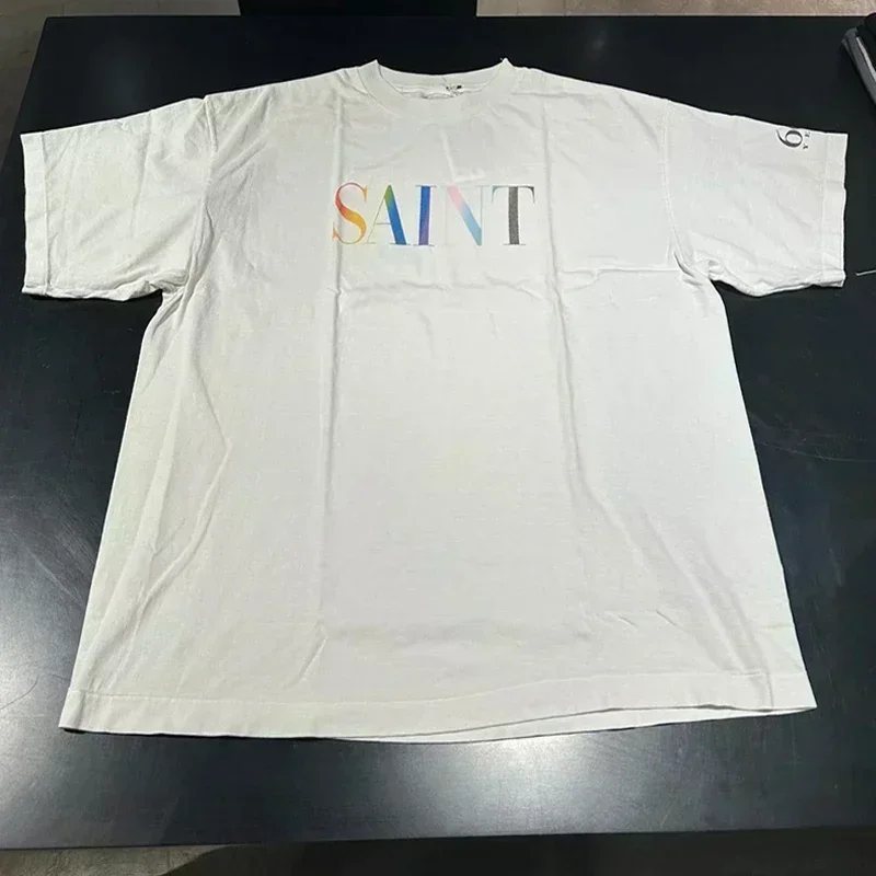 25SS New Style Vintage Washed Grey Saint T Shirt Men Women Streetwear Character Graphics Logo Print Damaged Tee Cotton T-Shirts
