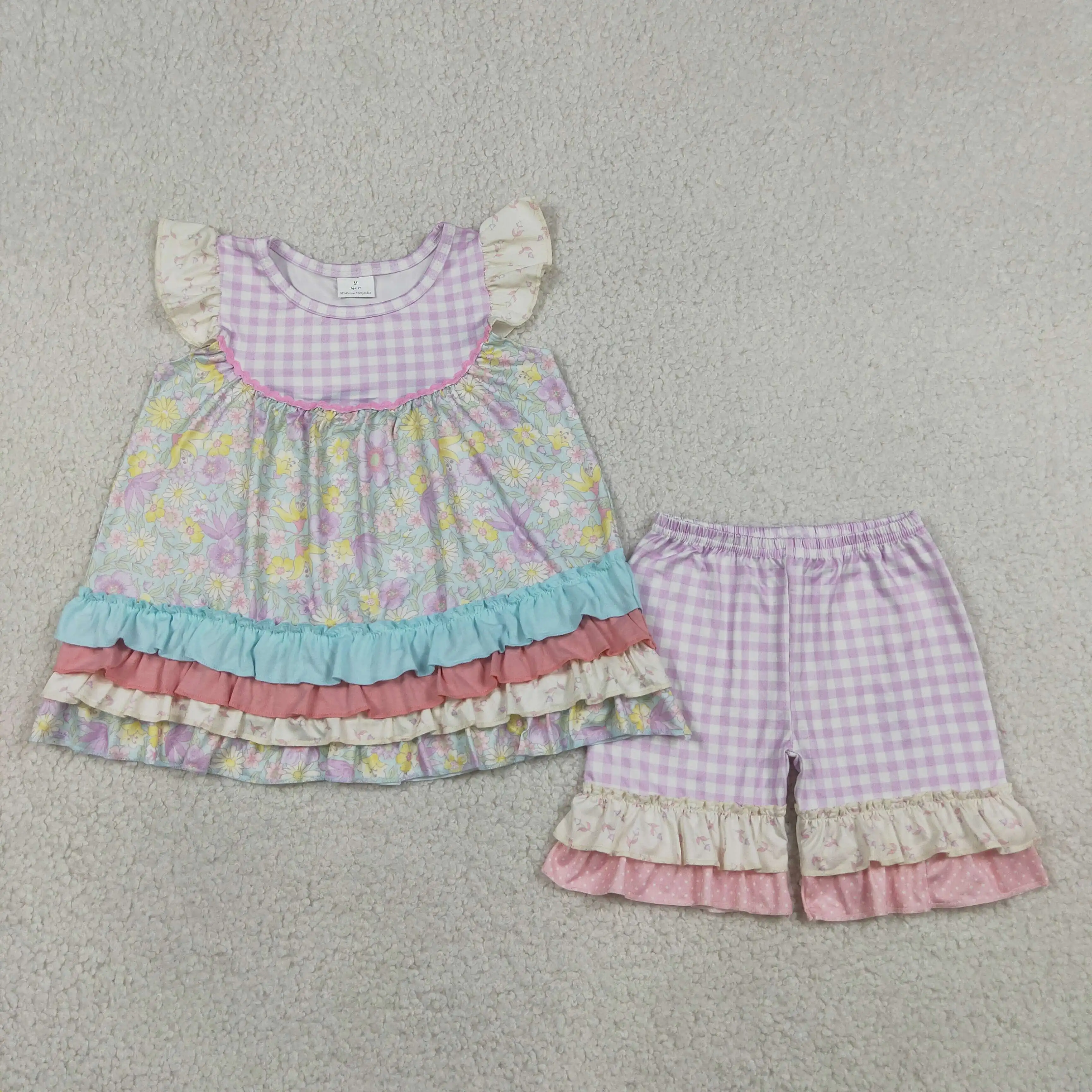 Wholesale Children Toddler Outfit Baby Girl Short Sleeves Flower Ruffle Tunic Kids Purple Plaid Shorts Set Girls Summer Clothes
