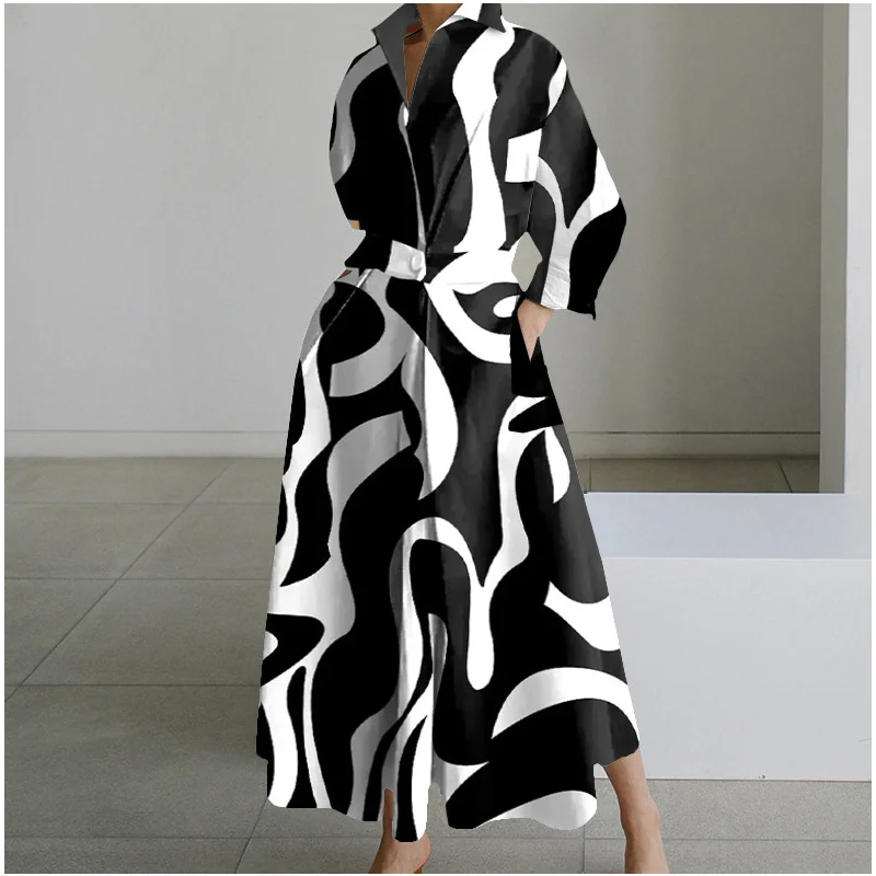 Elegant Long Dress Women Spring Autumn Sundress Fashion Lapel Neck Long Sleeve Solid Long Shirt Dress Vestidos Robe Femme