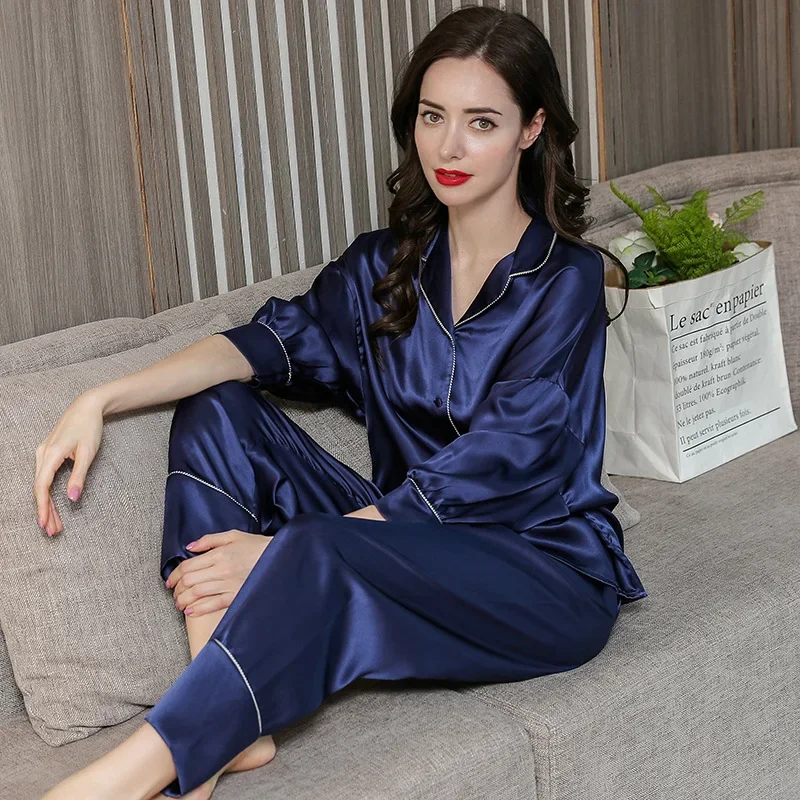 

100% Pure Silk Silk Pajamas Women's Summer Solid Color Long Sleeved Trousers Mulberry Silk Loose Fitting Household Clothes Set