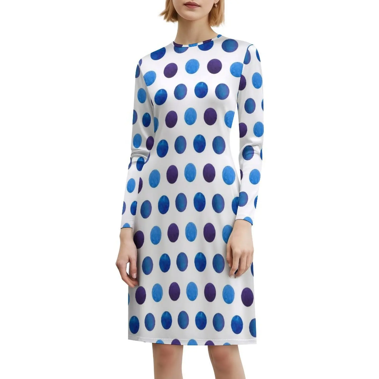 Leuke blauwe aquarel polka dot preppy stijl mini-jurk voor dames a-lijn losse pasvorm casual dagjurk patroon polka dot geometrie