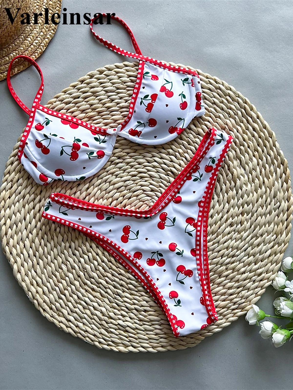 Cherry Printed Underwired Brazilian Bikini Women Swimwear Female Swimsuit Two-pieces Bikini set Bather Bathing Suit Swim V5913