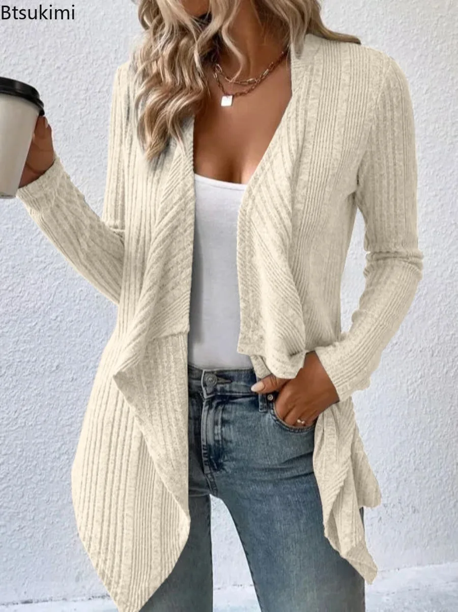 2024 Women's Solid Long Sleeve Knitted Cardigan Coat Elegant Irregular Design Casual Long Tops Autumn Winter Sweater Coats Femme