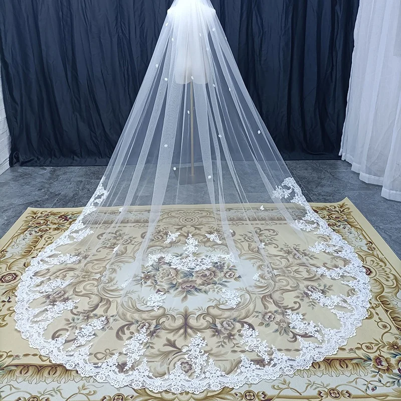 

Роскошная 1-слойная кружевная фата длиной 3 метра, свадебная фата белого цвета слоновой кости, фата в соборе, металлическая расческа