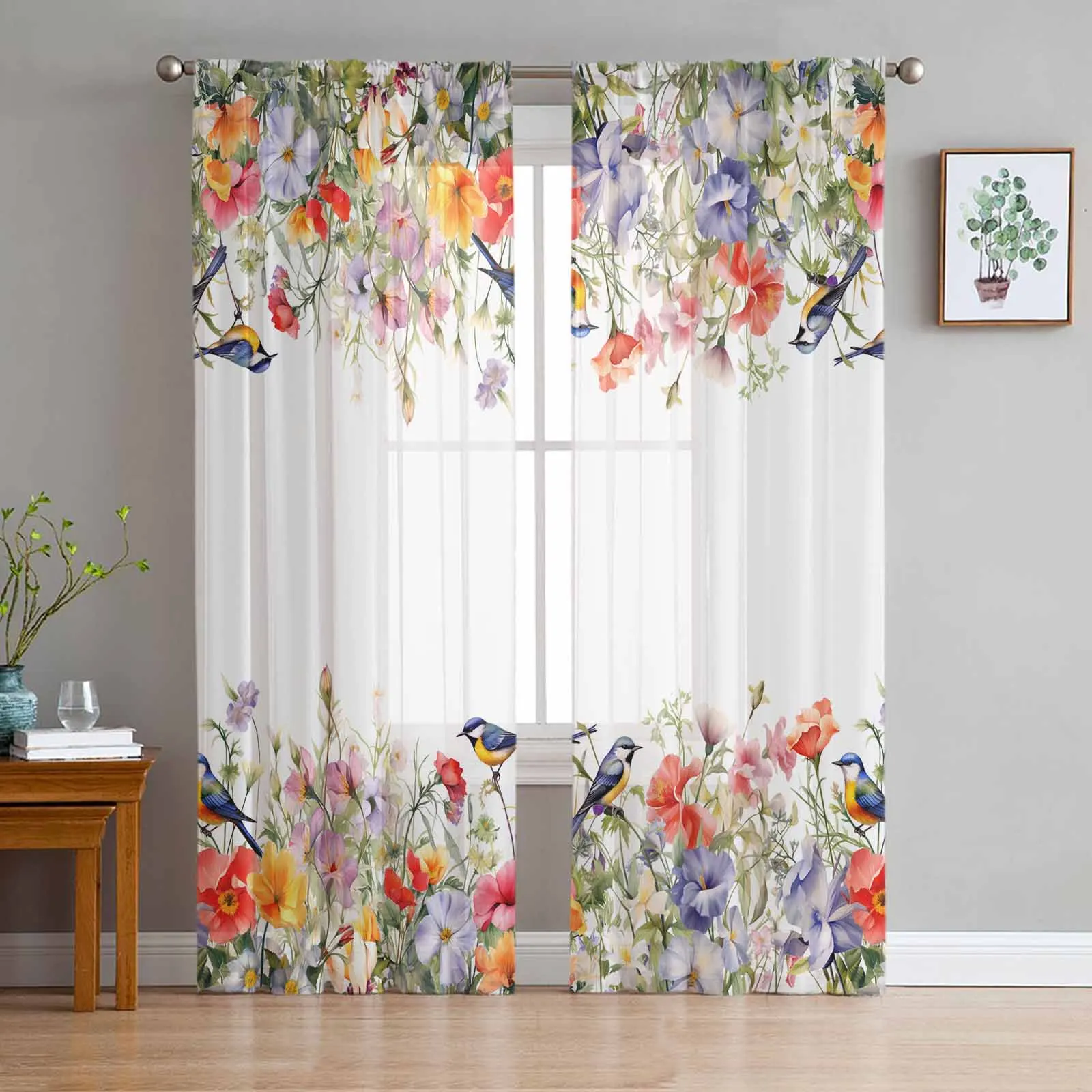 Flower Watercolor Bird Tulle Curtains for Living Room Bedroom Modern Chiffon Sheer Voile Kitchen Window Curtain