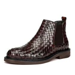 Men's Shoes Retro Trend Woven Chelsea Boots Ankle Boots Fashion Slip on Flat Men Shoes Cowboy Boots British Style Short Boots