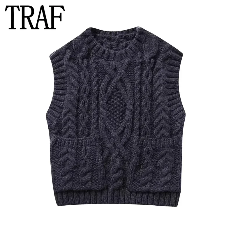 

TRAF 2024 Knitted Vest Women Sleeveless Vest Woman Fashion Cable Cropped Sweaters Autumn Winter Round Neck Sweaters Pullovers