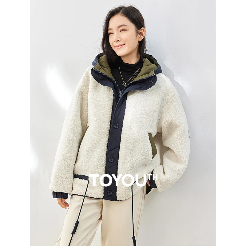 

Toyouth Women Thick Coat 2023 Winter Long Sleeve Loose Hooded Jacket Plush Stitching Preppy Style Beige Cotton-padded Clothes