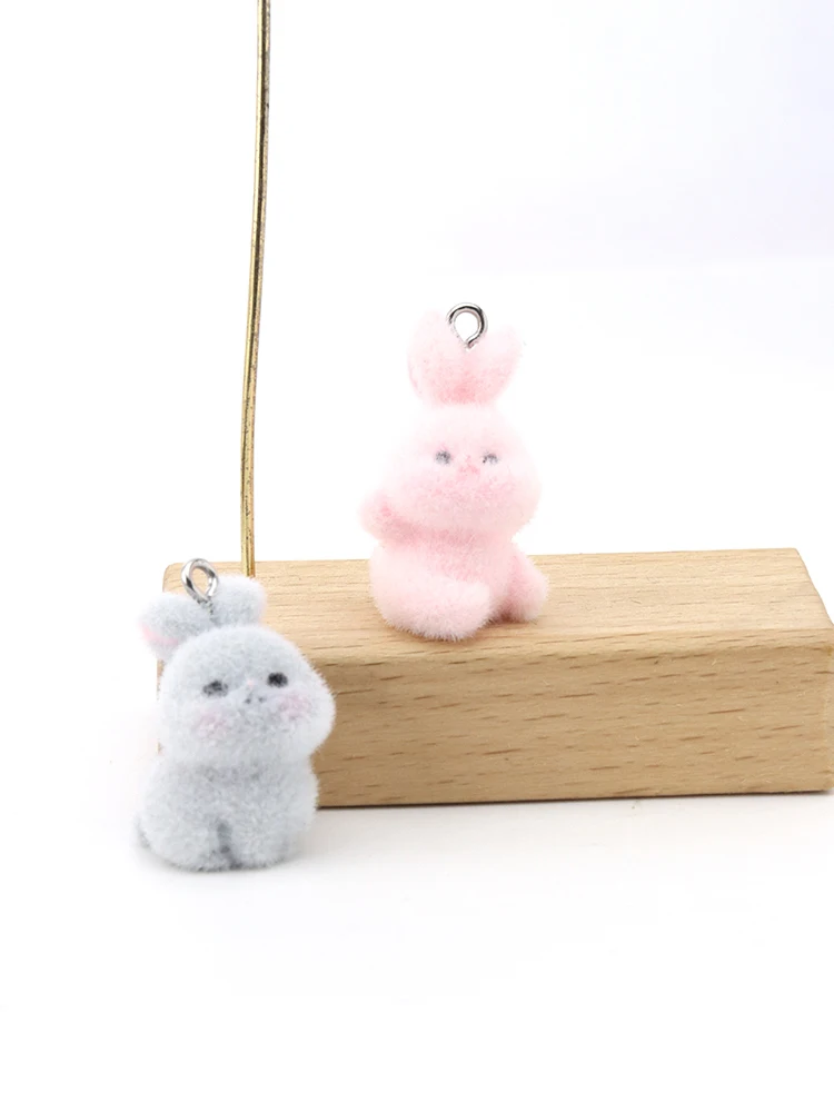 20pcs 3D Cute Rabbit Flocking Charms Cartoon Animal Pendants for Handmade Keychain Accessories DIY Crafts Jewelry Making