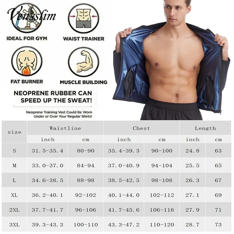 Vensslim Men Sauna Suit Sweat Jacket Workout Weight Loss Long Sleeve Waist Trainer Body Shaper Zipper Slimming Compression Tops