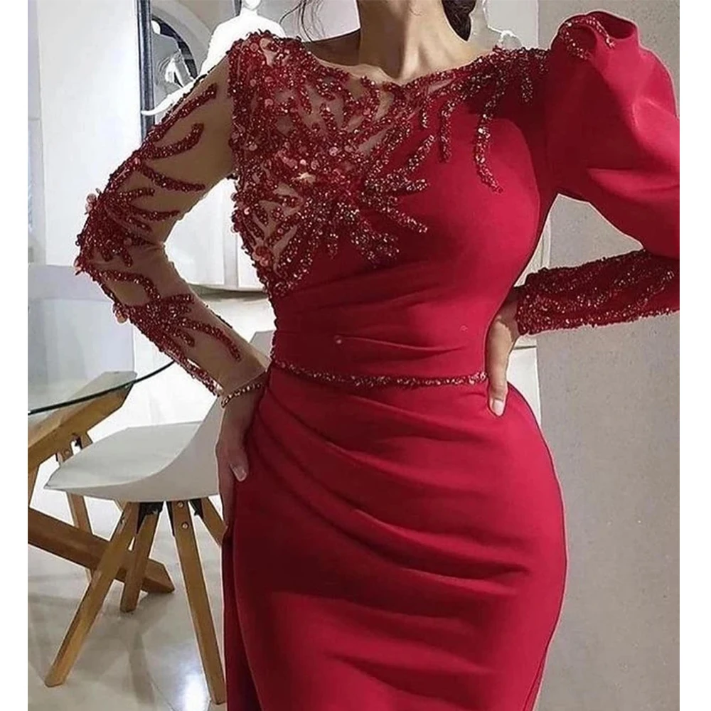 Abiti da sera con spacco a sirena rossa 2023 perline antimacchia maniche lunghe abiti da ballo Robe De Soirée De Mariage Vestido Noche muslimeadr/4presebitor